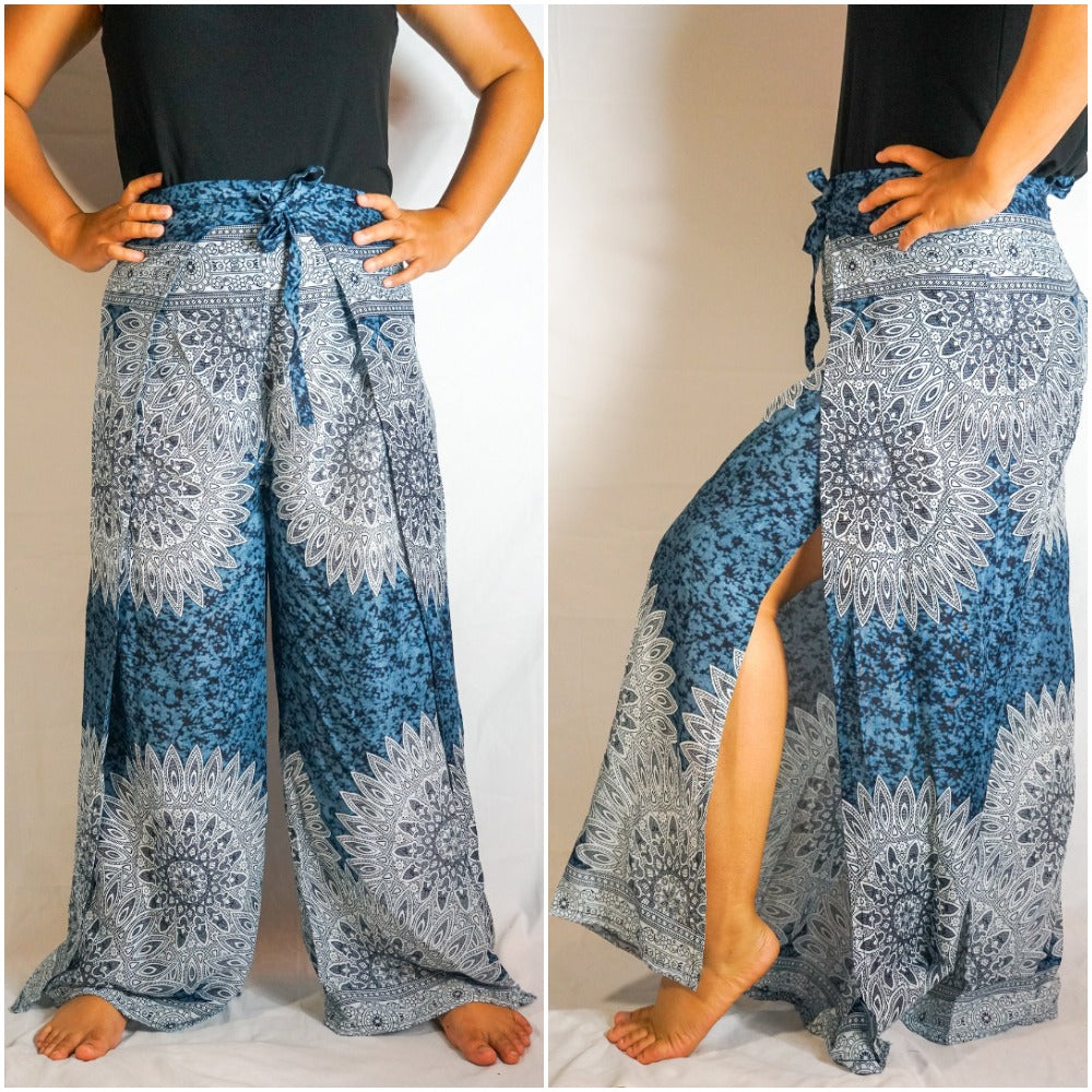 Blue Floral Palazzo Wrap Pants, Hippie Pants, Boho Harem Flow Pants