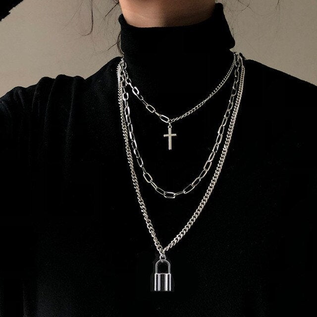 Chain Cross Lock Multilayer Necklace Women Men Jewelry  Multilayer Hip Hop Long Chain Necklace Key Cross Pendant Necklace Accessories - BonoGifts