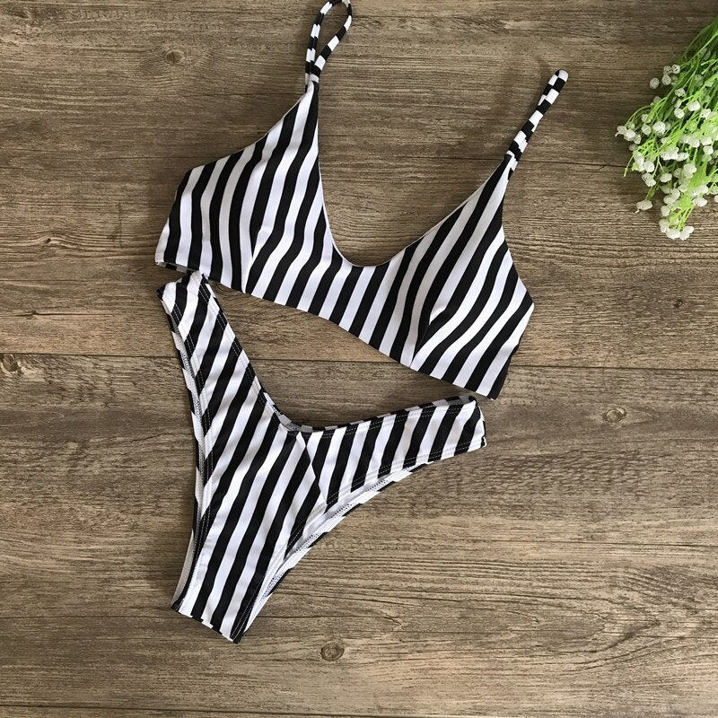 Swimming Suit Swimsuit Bikinis Thong Bikini Swimwear New Europe Sexy Stripes and White Black Women Two-piece Classic Stripe String Bikini - BonoGifts