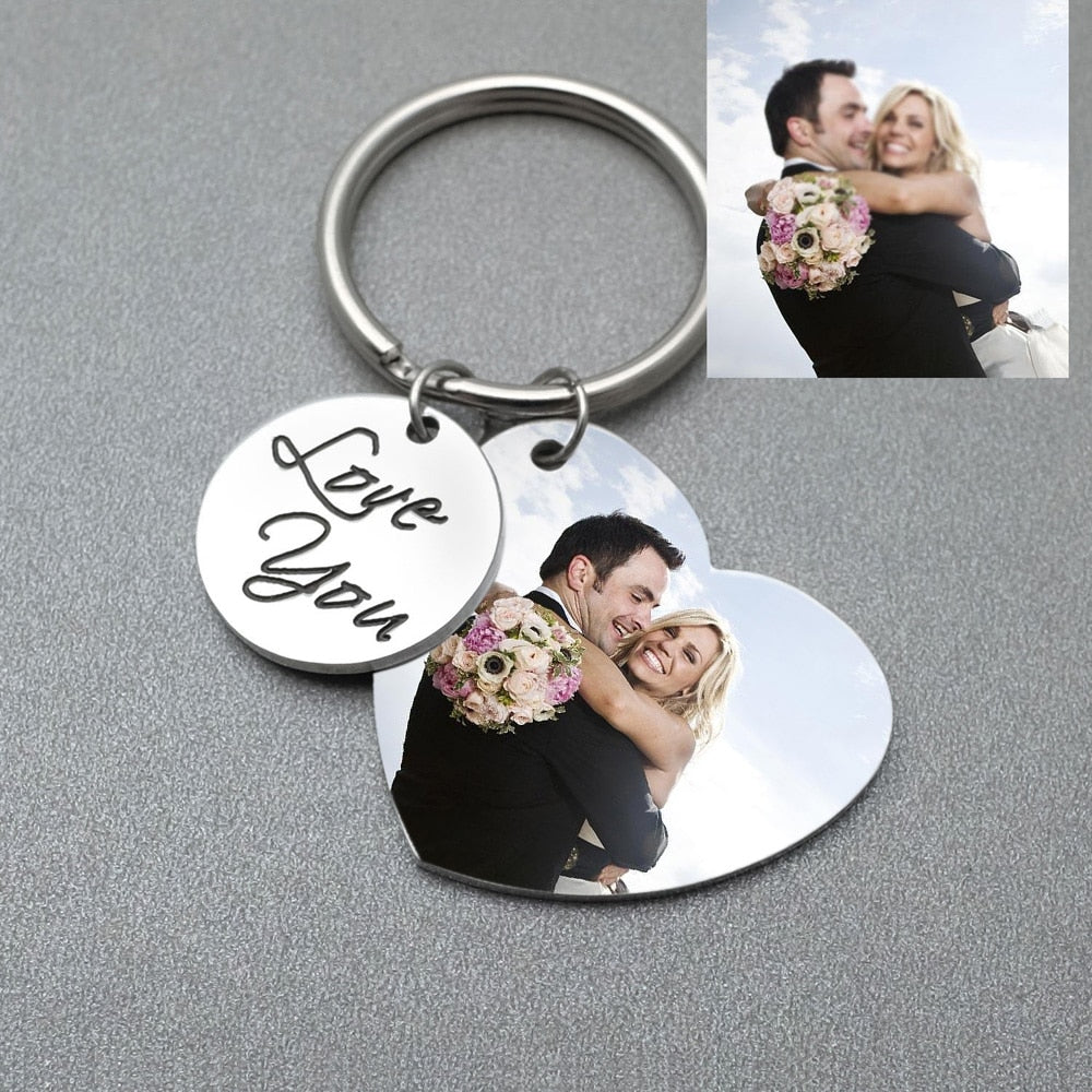 Personalized Photo Keychain Couple Keychain | Custom Engraved Photo Key Ring | Couple Keychain Heart Key Chain | Gift for Him