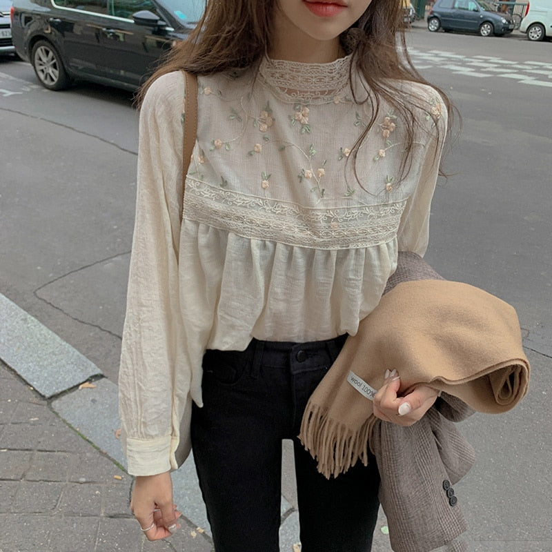 Women Lace Blouses | Stand Collar Women Lace Top | Summer Fancy Top | Women Blouse | Long Sleeve Blouses | Korea Japan Style Lace Top Shirt - BonoGifts