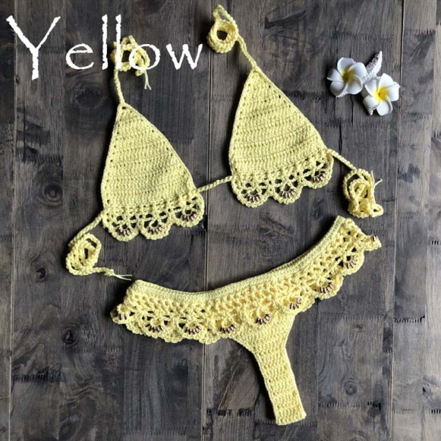 Crochet Micro Bikini Set High Waist G Thong Halter Swimwear Beach Sexy Lingerie Sets