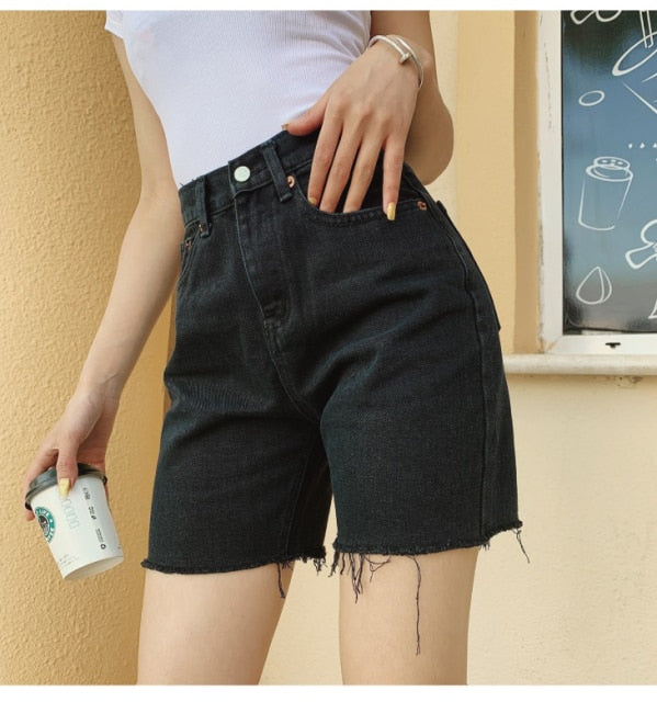 High Waist Slim Denim Shorts Bermuda Plus Size Woman  Tassel Tight Five-point Denim Shorts Washed Sexy Female summer