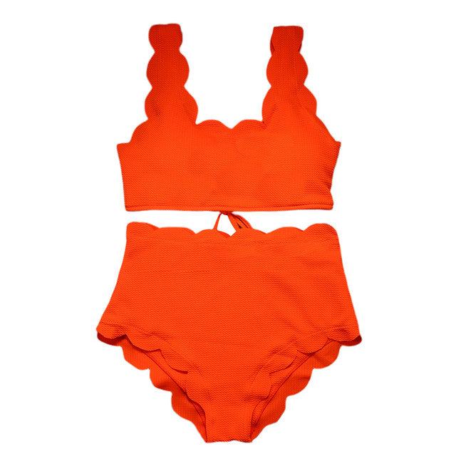 Women Scalloped Textured High Waist Bikini Set Solid Two Pieces Push Up Beach Bathing Suits Swimwear Lace Biquinis Bathing Suits