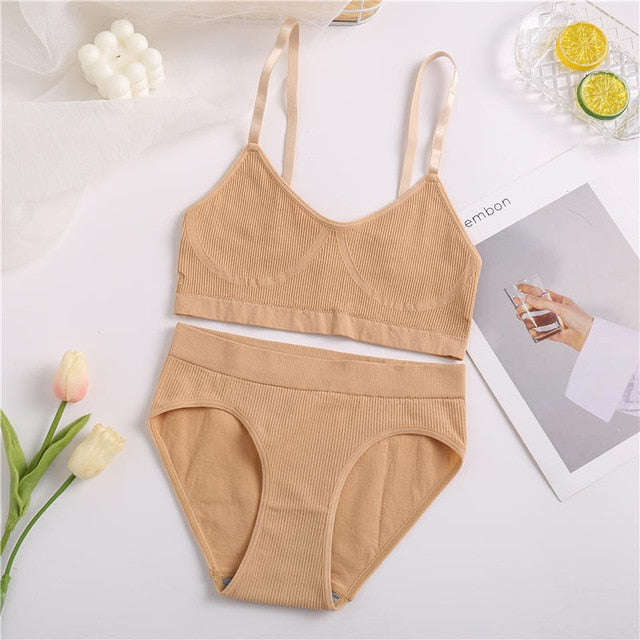 2PCS Bra Set Women  Bralette  Female Underwear Lingerie Ribbed Tops Girls  Brassiere Basic Stretchy Tank Crop Top