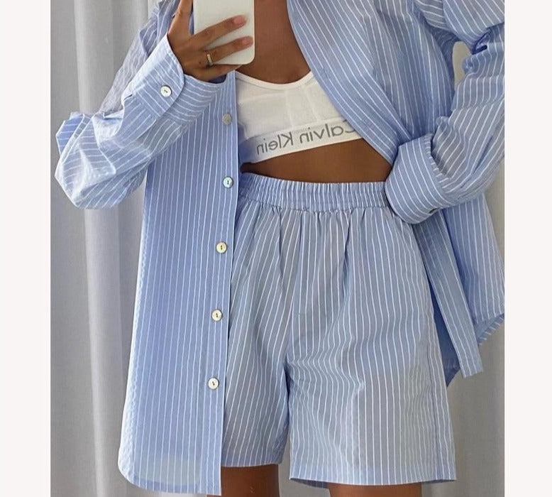 Women Casual Striped Two Piece Set | Lounge Wear Shorts | Women Tracksuit | High Waist Shorts Two Piece Set | Straight Long Sleeve Shirt - BonoGifts