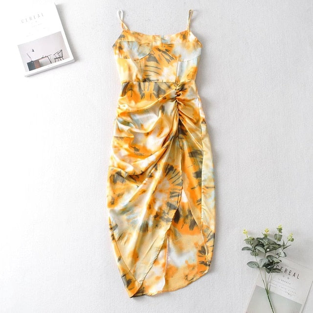 Women Vintage Yellow Tie dye Flower print  Spaghetti Strap Dress Hem Slim Waist Slit Irregular Long Dresses Sling Vestido