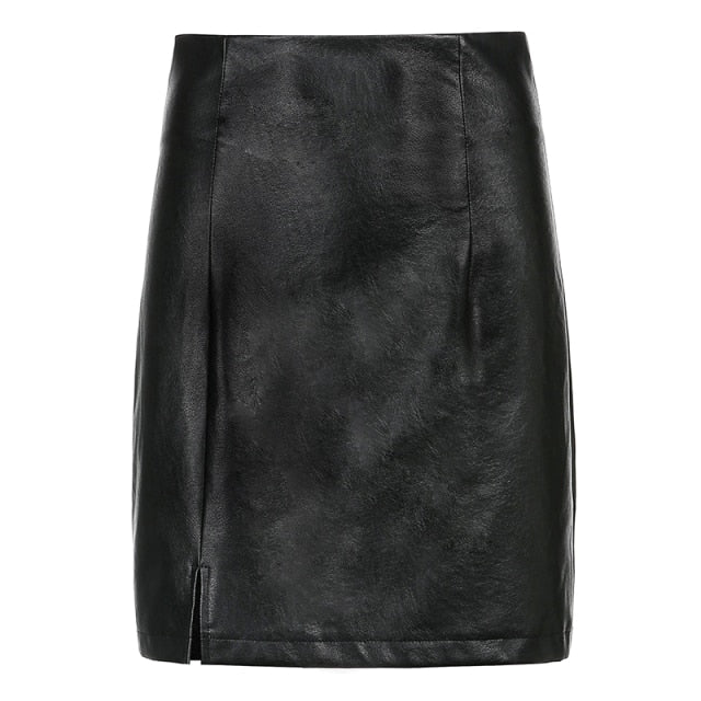 Black Split Mini Black Leather Skirt Women Korean  High-waisted Punk Style Bodycon Goth Sexy Skirts Female