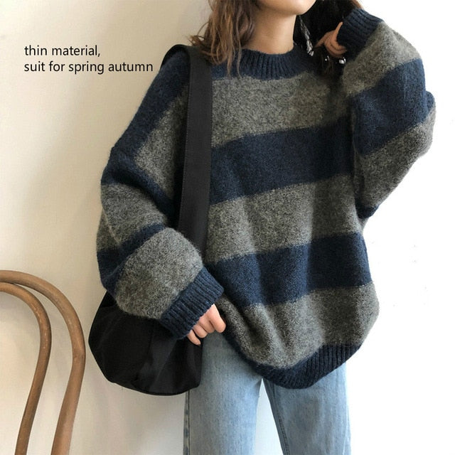 Striped Hand Knitted Sweater | Striped knitted sweater | Women Loose Pullover Sweater | Oversize Knitted Sweater | Casual Women girl Sweater - BonoGifts