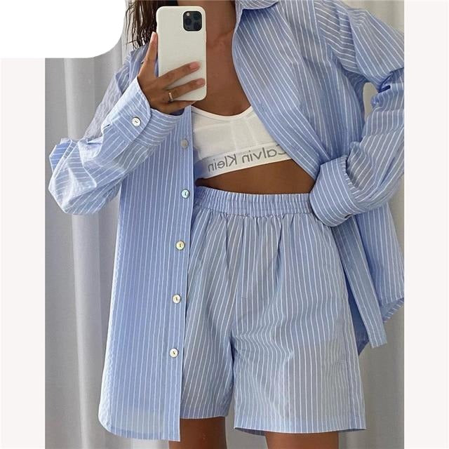 Women Casual Striped Two Piece Set | Lounge Wear Shorts | Women Tracksuit | High Waist Shorts Two Piece Set | Straight Long Sleeve Shirt - BonoGifts