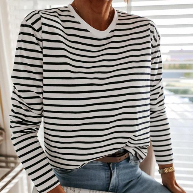 Women Black And White Striped Shirt | Round Crew Neck Shirt | Korean Shirt Long Sleeve Loose Pullover Shirt | Black & White Striped Top - BonoGifts