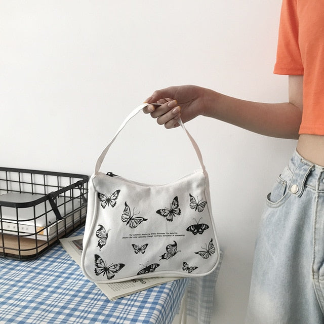 Spring Women Small Handbag Butterfly Print Canvas Tote Ladies' Underarm Bag Zipper Half Moon Bags Cotton Cloth Purse