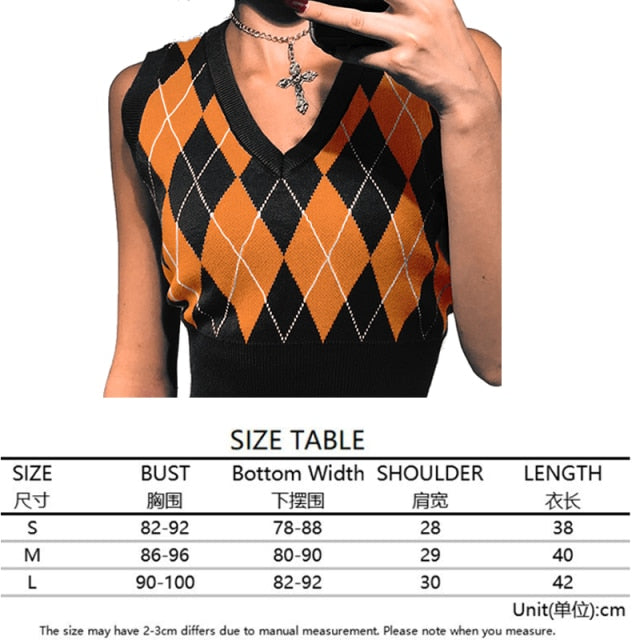 Argyle Knit Cropped Sweater Vest | Streetwear VNeck Y2K Vest | Women Knitted Vest Sweater | College Style Vest | Sleeveless Pullover Sweater