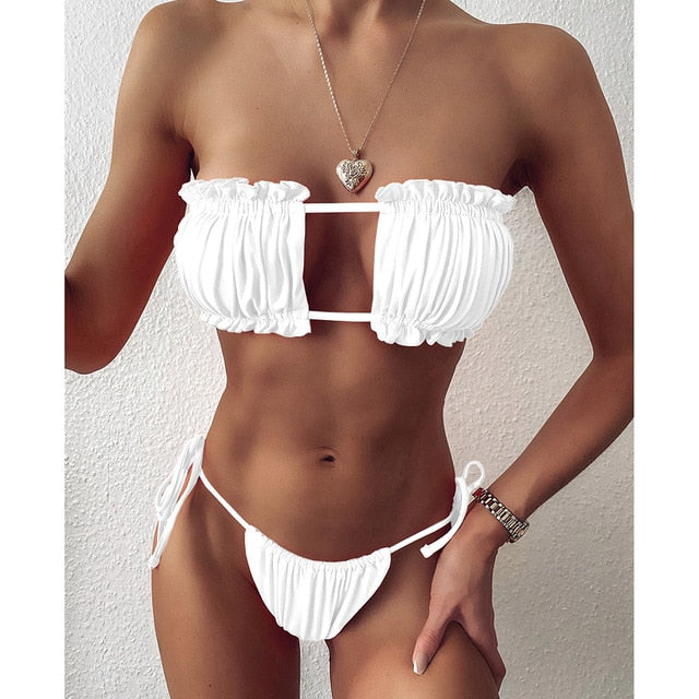 Sexy Bikini 2021 Pleated Bandeau Swimsuit Female Swimwear Women Mini Thong Bikini Set Bather Swimming Beachwear for Bathing Suit - BonoGifts