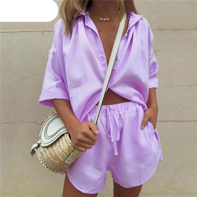 Women Summer Tracksuits | High Waist shorts | Lounge Wear Shorts Tracksuit | High Waist Shorts Two Piece Set | Straight Short Sleeve Shirt - BonoGifts