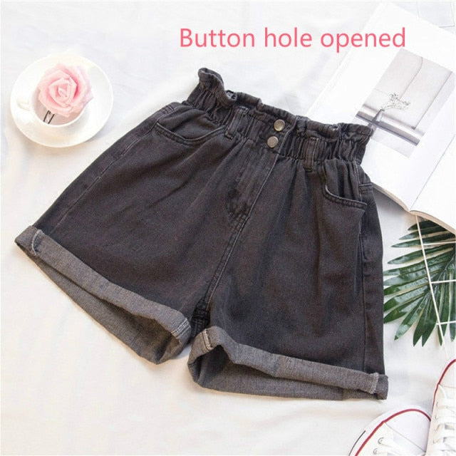 Women Denim Shorts | High Waisted Shorts | Ruffle Elastic Waist Jeans Shorts | Streetwear Shorts | Girls Denim Shorts | Korean Style Shorts