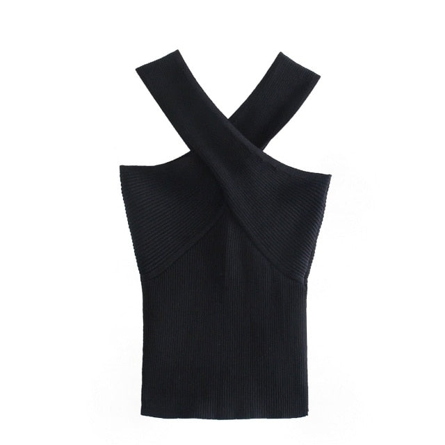 Women   Cross Strap Black Knitting Camis Tank High Street Ladies Summer Slim Crop Tops