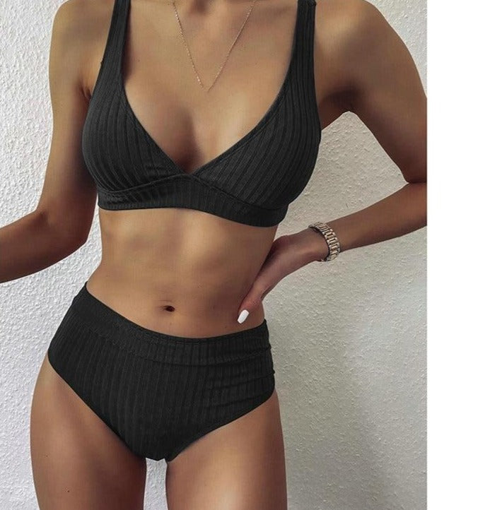 Sexy Bikinis High Waist Swimwear Women's Swimsuits Push Up Biquini Ribbed Bathing Suits Black V-Neck Bikini Set 2021 New - BonoGifts