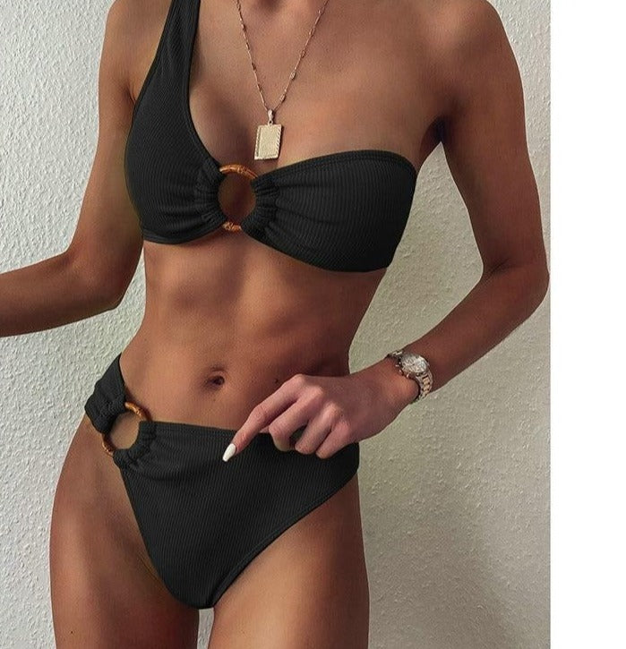 One Shoulder Bikini Women's Swimsuit High Waist Swimwear Sexy Rings Biquini Black Ribbed Beachwear 2021 Brazilian Bikinis - BonoGifts