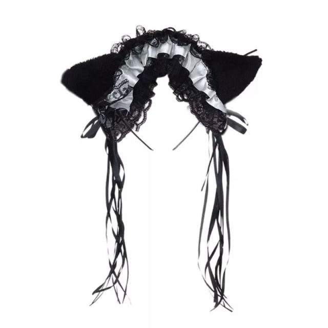 Women Ruffles Lace Headband Plush Cat Ears Ribbon Bell Lolita Cosplay Hair Hoop