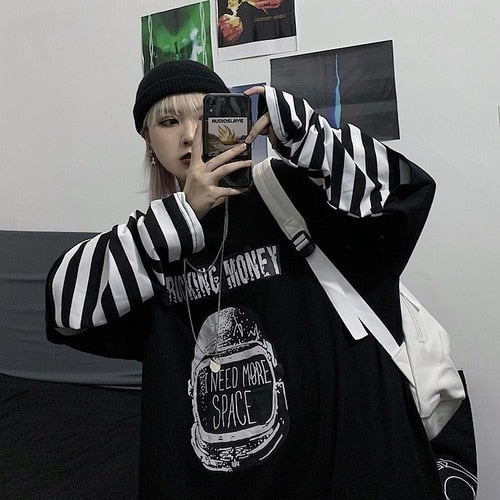 Casual Letter Print O-Neck stripe Tees Creativity Loose T-Shirts Women Long Sleeve Oversize top Hip Hop Streetwear