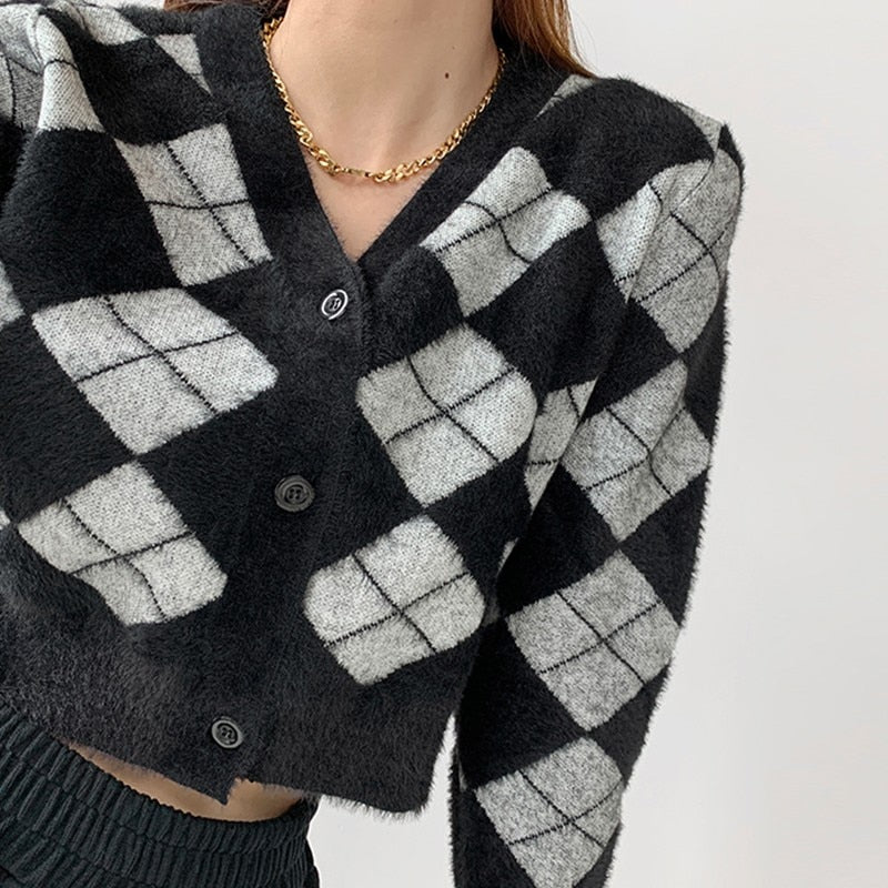 Preppy Style Cardigan Women Long Sleeve Knitted Cardigan Argyle Cashmere Cardigan Streetwear Black Sweater Winter