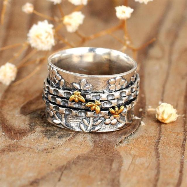 Bohemian Style Small Bee Flower Plant Ring Simple Wide Version Women&#39;s Ring Ethnic Style Wedding Jewelry