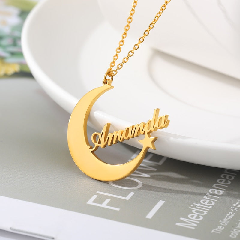 Personalized Custom English Name Necklace Female Creative Stainless Steel Moon Star Couple Necklace Pendant Choker Jewelry