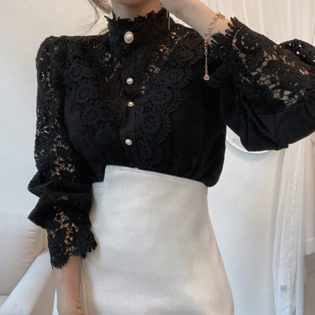 Petal Sleeve Stand Collar Hollow Out Flower Lace Patchwork Shirt Femme Blusas All-match Women Lace Blouse Button White Top