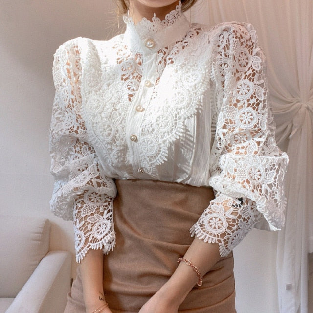 Petal Sleeve Stand Collar Hollow Out Flower Lace Patchwork Shirt Femme Blusas All-match Women Lace Blouse Button White Top